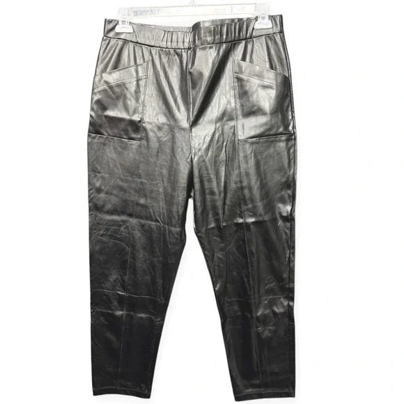 Halston Womens Faux Leather Pants Black High Waisted Elastic Waist Pockets - Picture 1 of 11